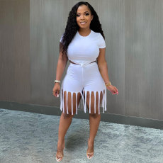 Plus Size Solid Color Short Sleeve And Tassel Shorts Two Piece Sets MTY-6529