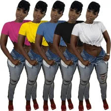 Solid Irregular Short Sleeve Cropped T Shirt SMD-2070