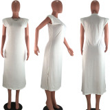 Solid Color Plus Size Casual Loose Round Neck Split Midi Dress BLX-8210