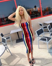 Colorful Striped Backless Cross Strap Midi Dress LX-6895