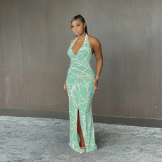 Sexy Printed Halter Backless Split Maxi Dress JPF-1038