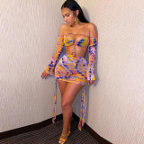 Sexy Printed Long Sleeve Hollow Club Dress GLF-7025