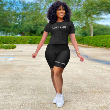 Casual Sports LUCKY LABEL Letter Short Sleeve Shorts Two Piece Sets CM-2122