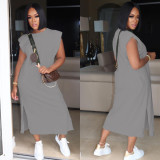 Solid Color Plus Size Casual Loose Round Neck Split Midi Dress BLX-8210
