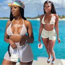 Sexy Grid Hollow Out Halter Bikinis 3 Piece Sets AL-247