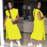 Solid Color Plus Size Casual Loose Round Neck Split Midi Dress BLX-8210