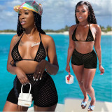 Sexy Grid Hollow Out Halter Bikinis 3 Piece Sets AL-247