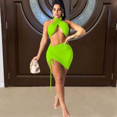 Sexy Halter Crop Top Mini Skirt 2 Piece Sets FOSF-8049