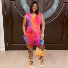 Plus Size Tie Dye Sleeveless Pocket Loose Romper AMLF-1124