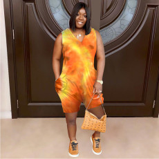 Plus Size Tie Dye Sleeveless Pocket Loose Romper AMLF-1124
