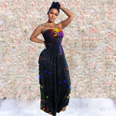 Ink Jet Print Off Shoulder Long Tube Dress JRF-3615