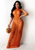 Solid Knitted Halter Hollow Out Maxi Dress TR-1150