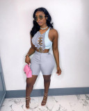 Contrast Color Lace Up Hollow 2 Piece Short Sets NM-8361