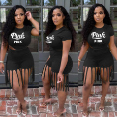Fashion Letter Print Top And Tassel Shorts  Two Piece Sets LSD-9164