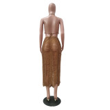 Sexy Knitted Tassel Hollow Out Two Piece Skirt Set TR-1151