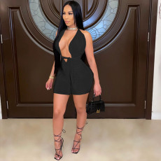 Solid Sexy Halter Backless Ruched Romper QSF-5093