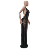 Solid Knitted Halter Hollow Out Maxi Dress TR-1150