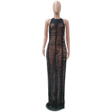 Solid Knitted Halter Hollow Out Maxi Dress TR-1150