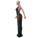 Solid Knitted Halter Hollow Out Maxi Dress TR-1150
