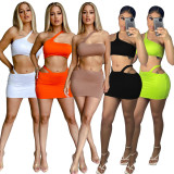 Sexy Solid One Shoulder Mini Skirt 2 Piece Sets YIBF-6075