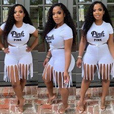 Fashion Letter Print Top And Tassel Shorts  Two Piece Sets LSD-9164