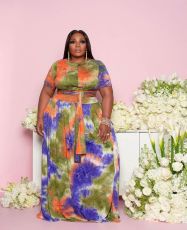 Plus Size Tie Dye Short Sleeve Maxi Skirt 2 Piece Sets WAF-7191
