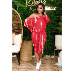 Casual Printed Oblique Shoulder Capri Pants Set MOF-6627