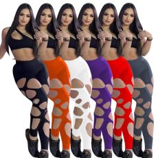 Casual Solid Hole Skinny Pants MOF-6628