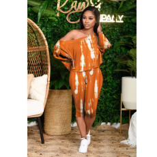 Casual Printed Oblique Shoulder Capri Pants Set MOF-6627