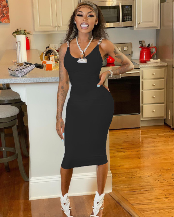 Sexy Off Shoulder Sleeveless Chain Midi Dress WSM-5244