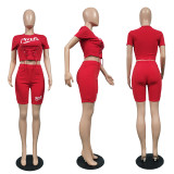 Fashion Casual PINK Letter Print Short Sleeve Shorts Two Piece Sets YIM-171