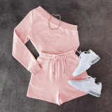 Solid One Shoulder Long Sleeve 2 Piece Short Sets FSL-F157