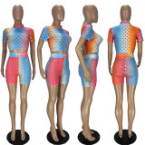 Sexy Gradient Short Sleeve Hollow Out 2 Piece Sets LDS-3275