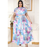 Plus Size Printed Short Sleeve Big Swing Long Skirt 2 Piece Sets LDS-3276