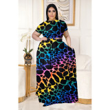 Plus Size Printed Short Sleeve Big Swing Long Skirt 2 Piece Sets LDS-3276