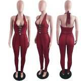 Plus Size Sexy Halter Backless Lace Up Jumpsuit LX-5800