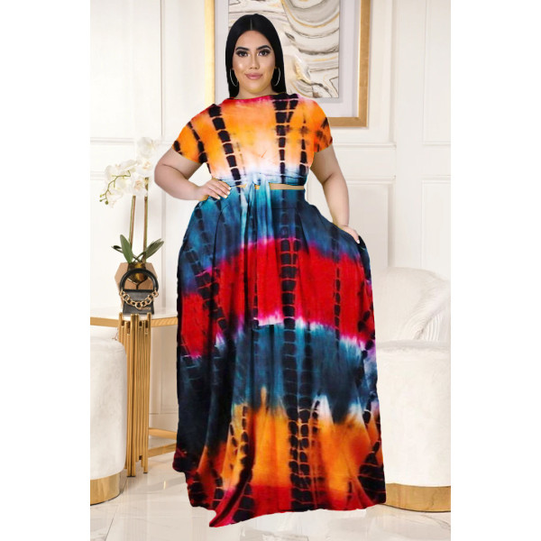 Plus Size Printed Short Sleeve Big Swing Long Skirt 2 Piece Sets LDS-3276