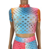 Sexy Gradient Short Sleeve Hollow Out 2 Piece Sets LDS-3275