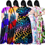 Plus Size Printed Short Sleeve Big Swing Long Skirt 2 Piece Sets LDS-3276