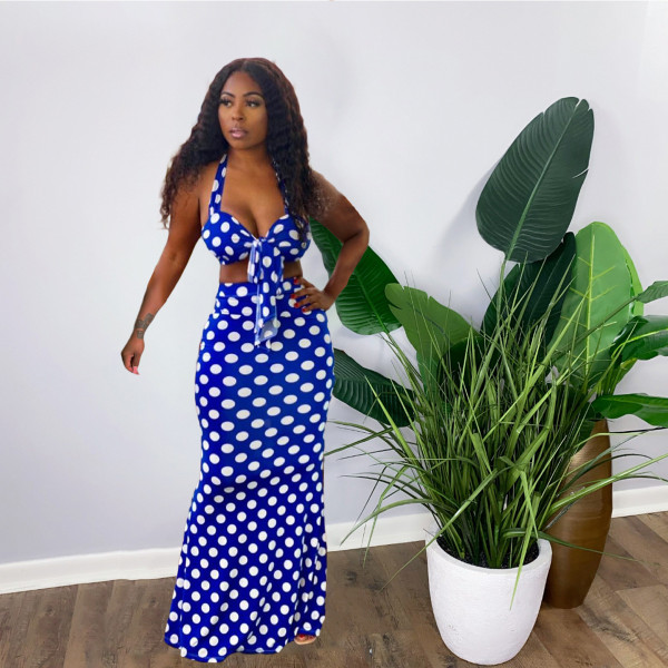 Polka Dot Print Strap Crop Top Maxi Skirt 2 Piece Sets OMY-0025