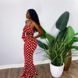 Polka Dot Print Strap Crop Top Maxi Skirt 2 Piece Sets OMY-0025