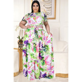 Plus Size Printed Short Sleeve Big Swing Long Skirt 2 Piece Sets LDS-3276