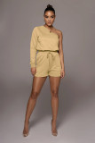 Solid One Shoulder Long Sleeve 2 Piece Short Sets FSL-F157