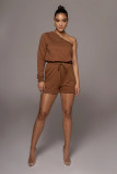 Solid One Shoulder Long Sleeve 2 Piece Short Sets FSL-F157