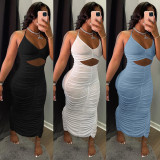 Sexy Solid Ruched Bodycon Long Dress GLF-7034