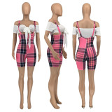Casual Plaid Crop Top+Strap Romper 2 Piece Sets GLF-8144