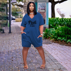 Plus Size Pink Letter Print Loose Romper BDF-8068