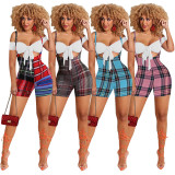 Casual Plaid Crop Top+Strap Romper 2 Piece Sets GLF-8144