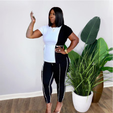 Casual Patchwork Sashes Top And Pant 2 Piece Sets HM-6523