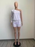 Solid One Shoulder Long Sleeve 2 Piece Short Sets FSL-F157